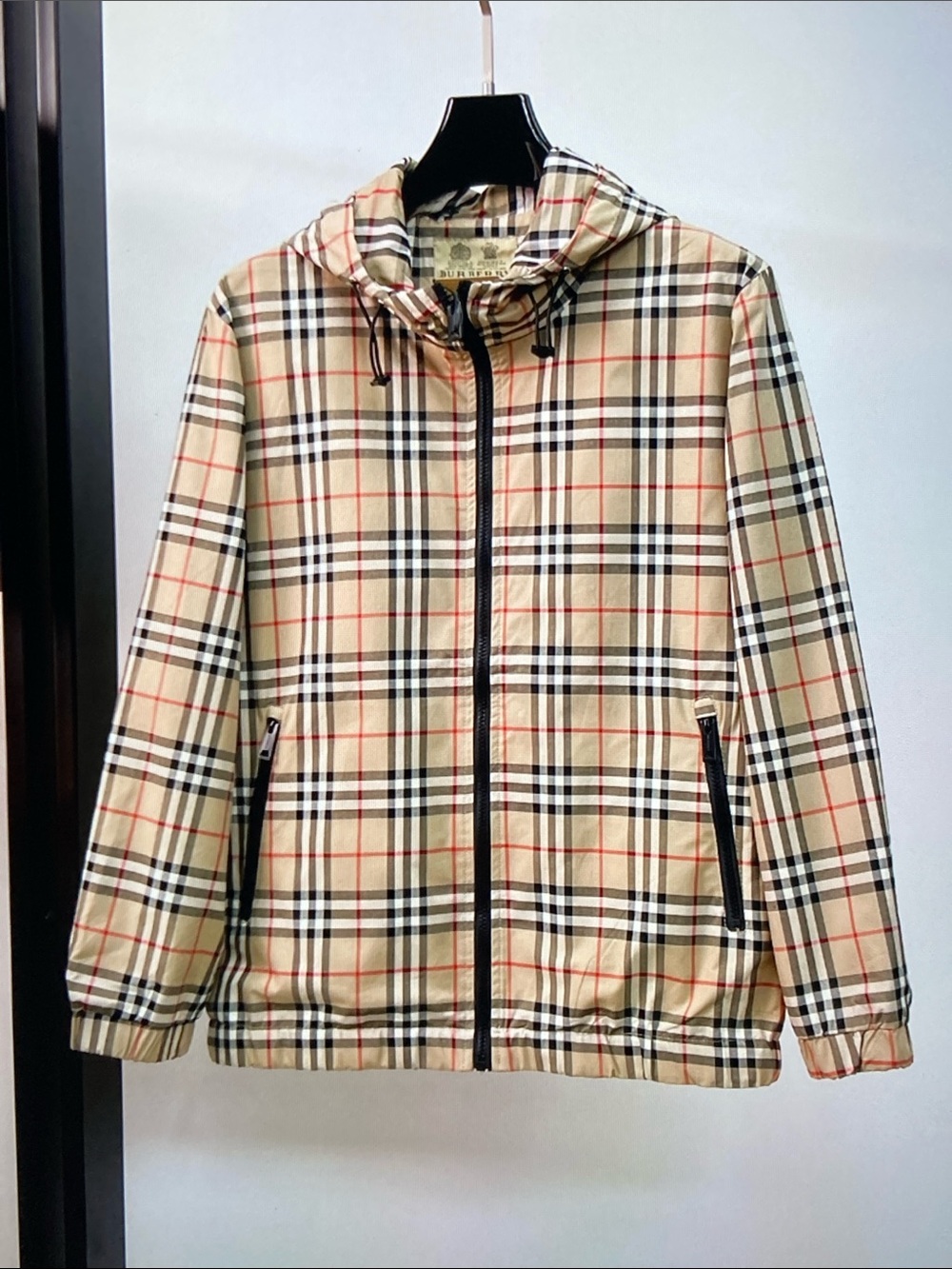 Burberry Beige Plaid Hooded Varsity Jacket